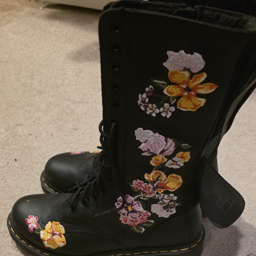 Dr. Martens Black Lace Up Boots with Floral Embroidery